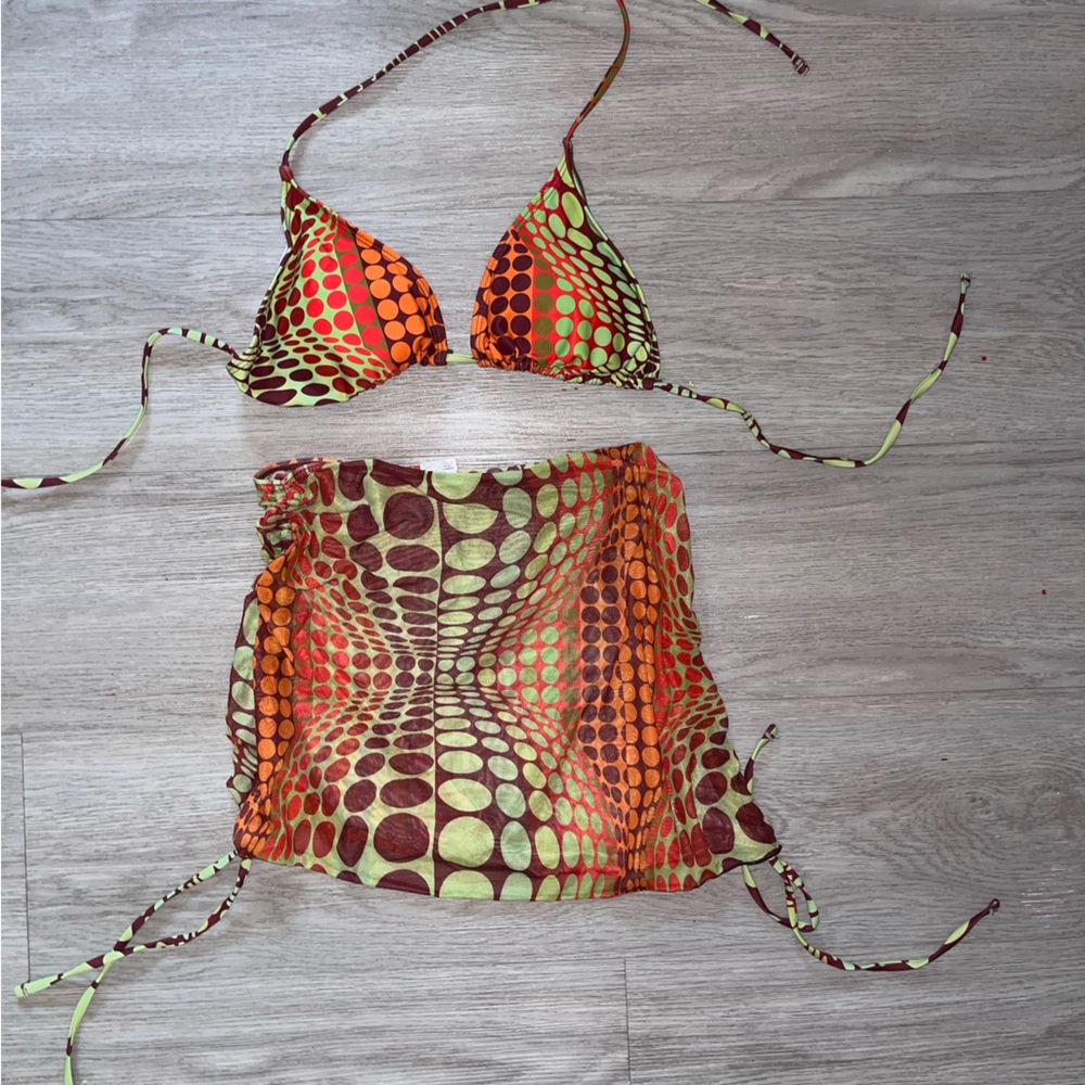 SHEIN Orange & Lime Green Printed Triangle Bikini Top